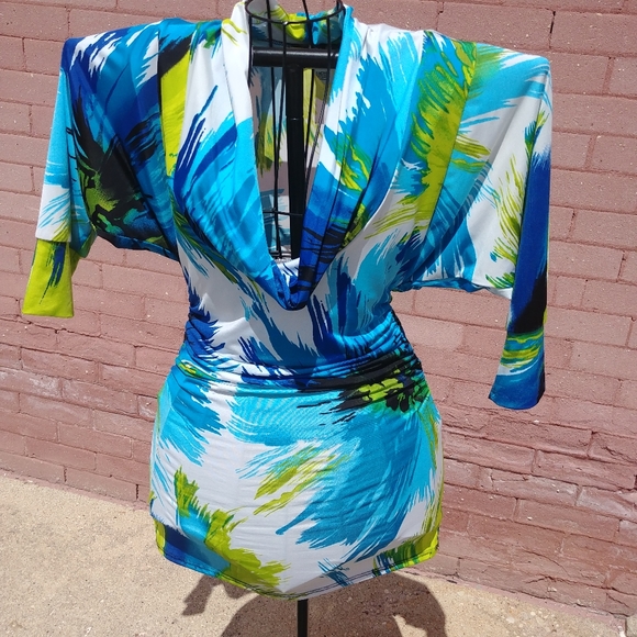 Neon Bright Colorful Bodycon Beautiful stretch cowl neck dress size small - Picture 10 of 12